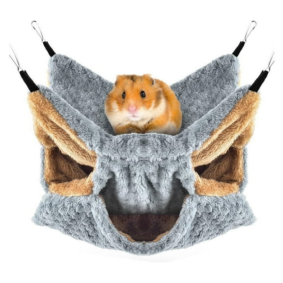 Small Animals Hammock, Ferret Sugar Glider Triple Bunk Bed Cage Warm Plush Hanging Hammock Bed Hideout for Hamster Grey