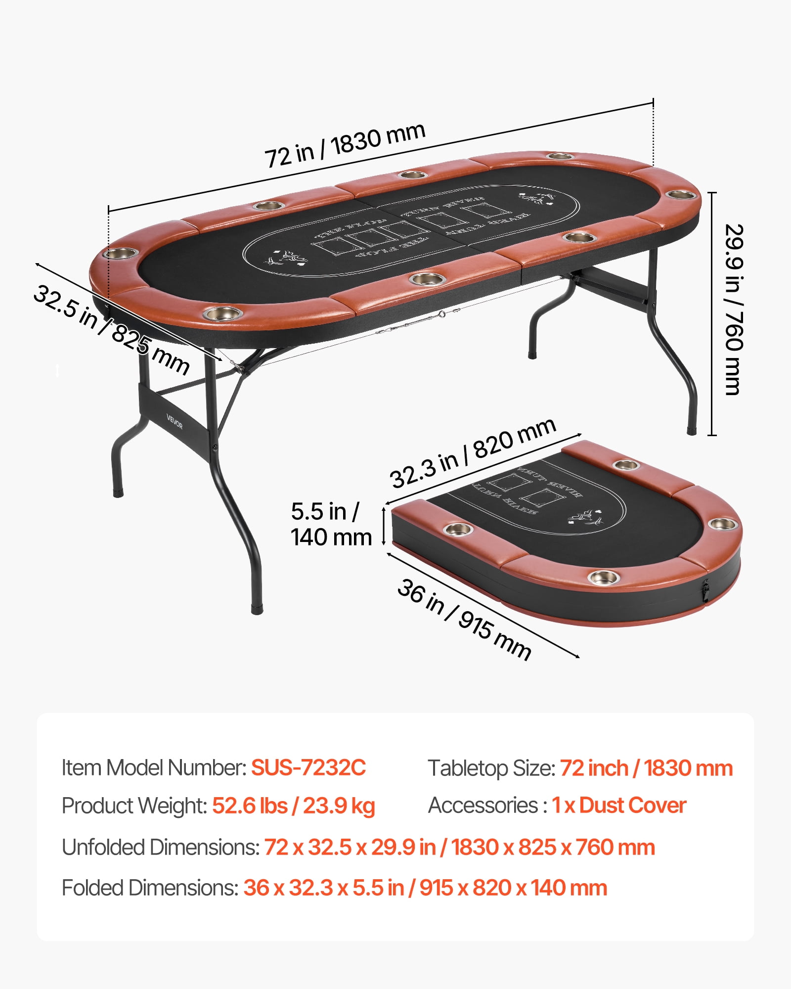 VEVOR Foldable Poker Table, 8 Player 72 in Folding Casino Leisure Table with Padded Rails and Cup Holders, Oval Portable Game Tables with Felt & Metal Legs, for Texas Holdeem Game and Blackjack