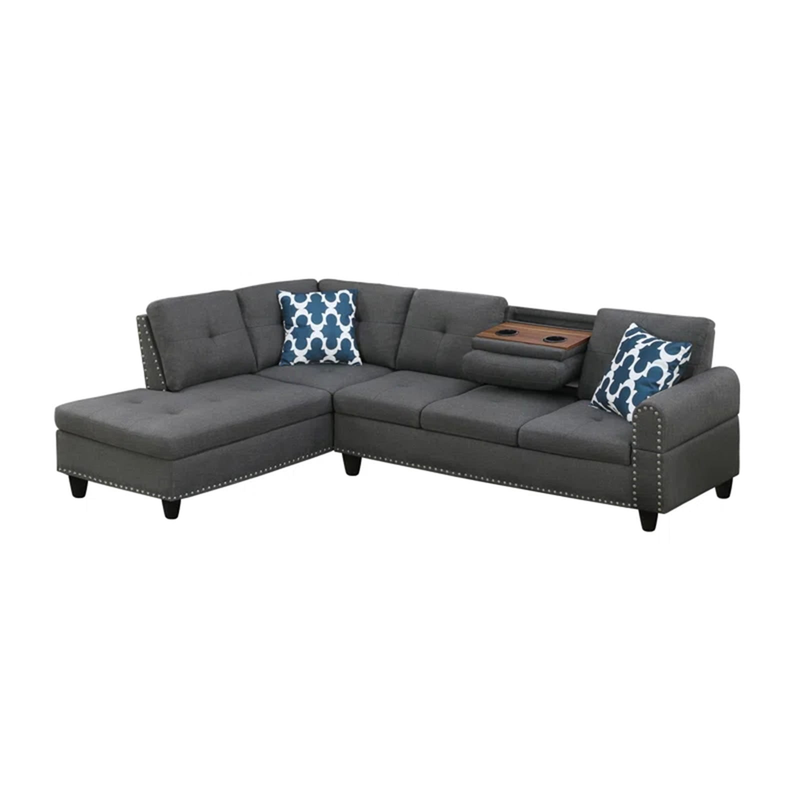 Hommoo L-Shaped Upholstered Sectional Sofa Couch with Storage & Cup Holders, Linen Living Room Sofa Set, No Ottoman, Dark Gray