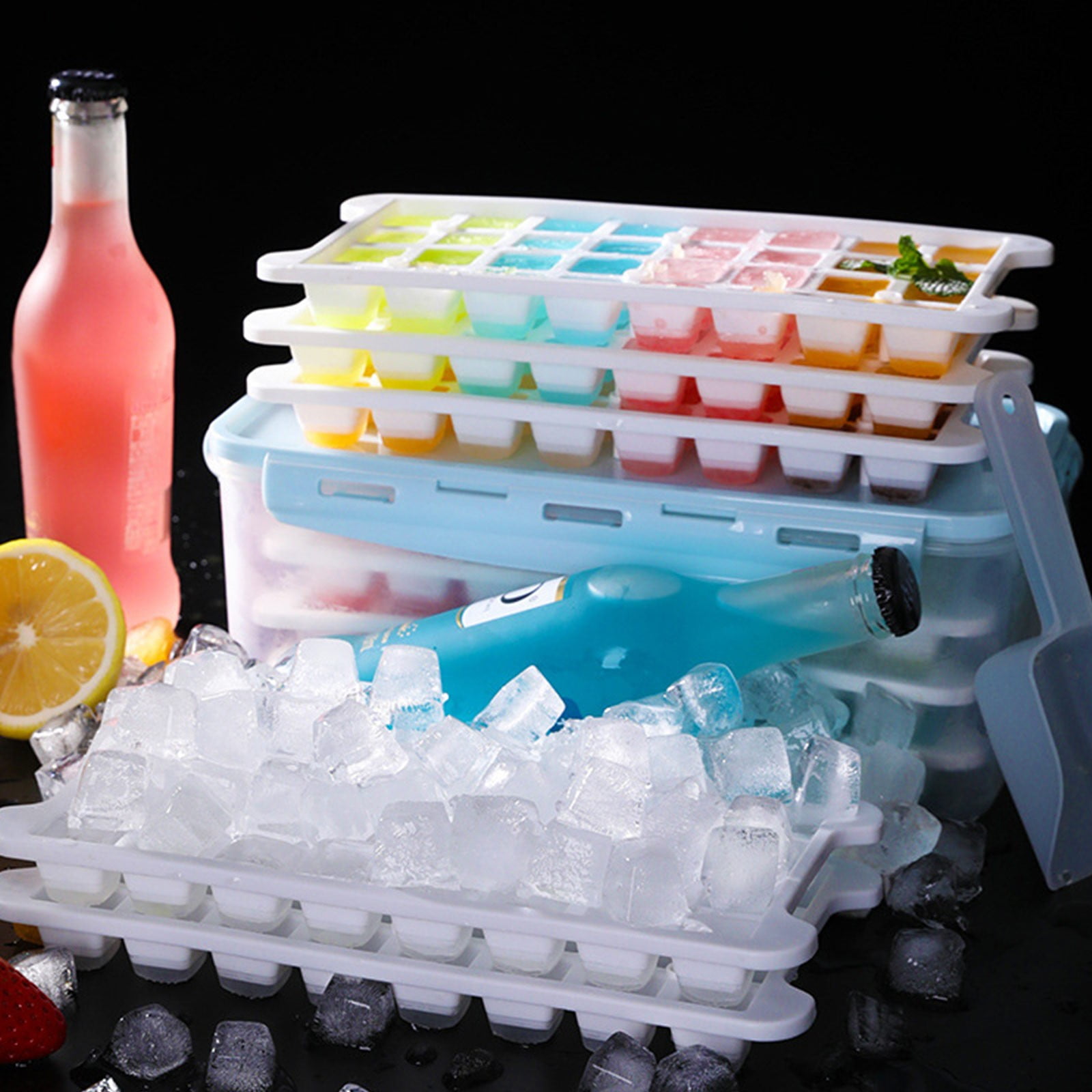 XKHHLH Ice Trays for Freezer with Lid and Bin,Plastic Ice Bin Container for Freezer, Crushed Ice Cube Trays with Lids and Bin,Ice Container with Locking Lid,BPA Free,Easy to Remove