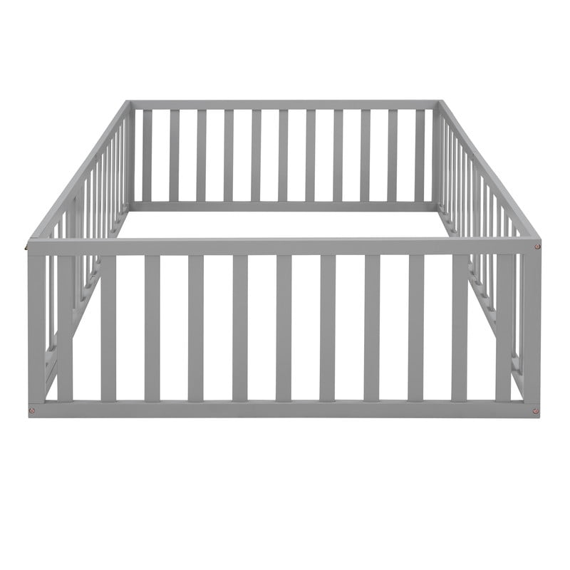 Full Size Floor Bed Platform Bed with Fence and Door, Wooden Montessori Bed Toddler Bed Kids Playhouse Bed with Guardrails for Boys Girls, No Slats