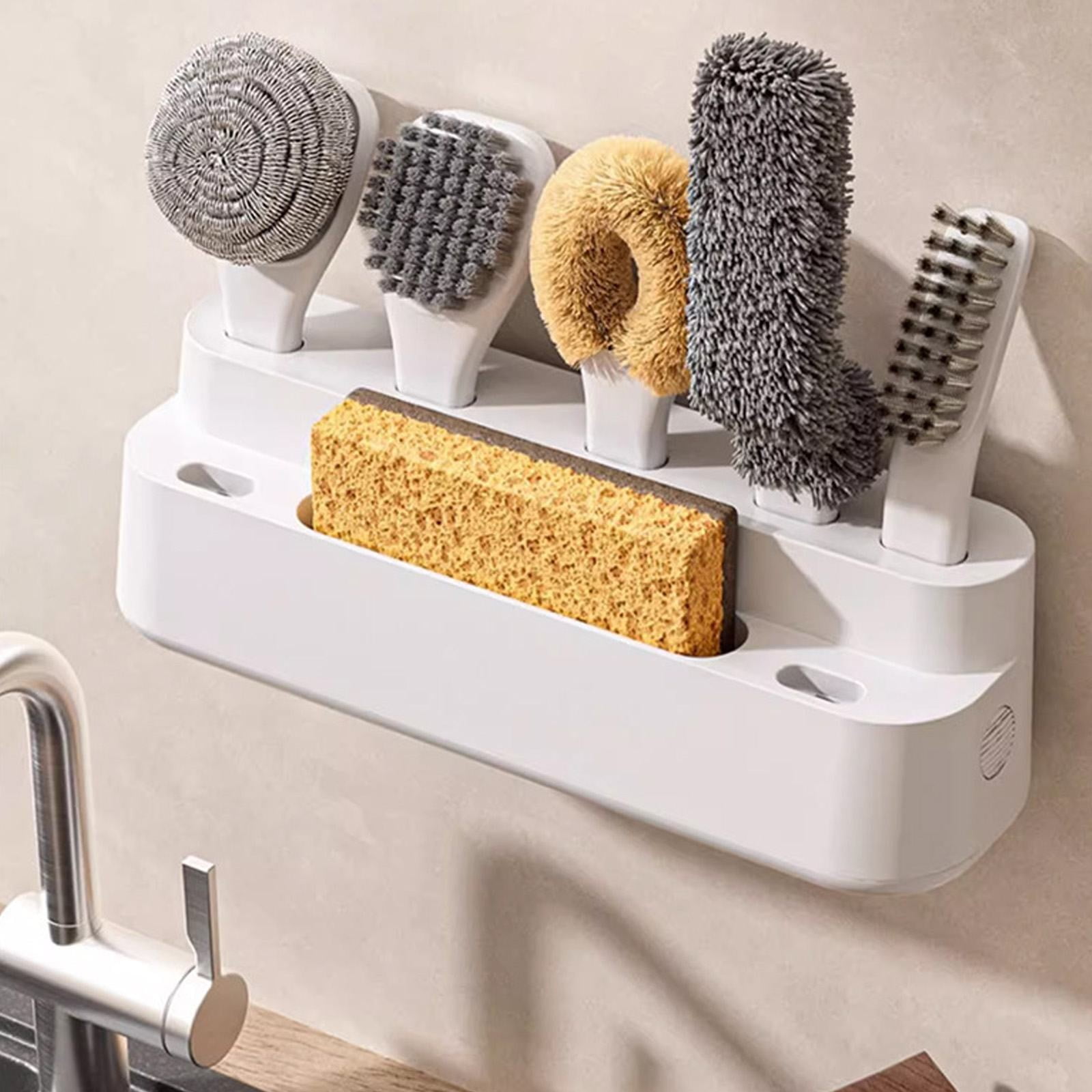 Dish Brush Set Of 6 With Holder, Kitchen Counter Cleaning Brush Set,Easy Storage,Kitchen Scrub Brushes With Non-Slip Long Handle For Cleaning, Scrubber, Dishwashing, Dishes, Bottles, Cups, Pots,White