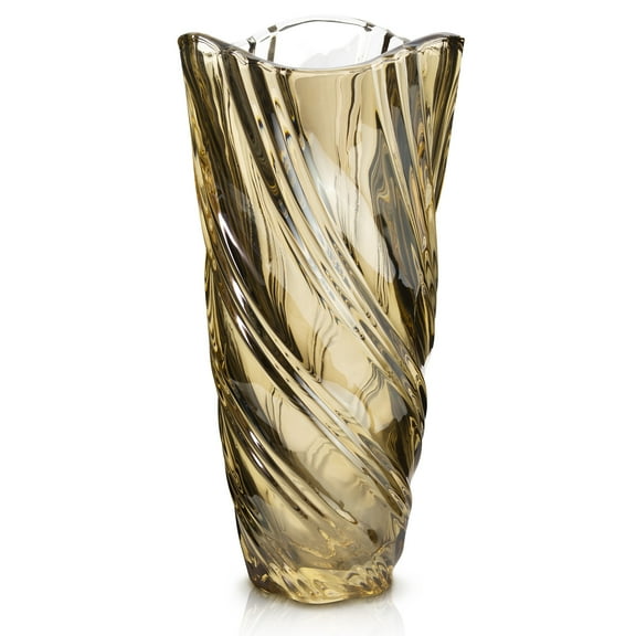 Eternal Living Large Glass Vase with Spiral Design Thick Crystal for Home Decor, Ambar Color with High Reflecting Finish, 11.5”