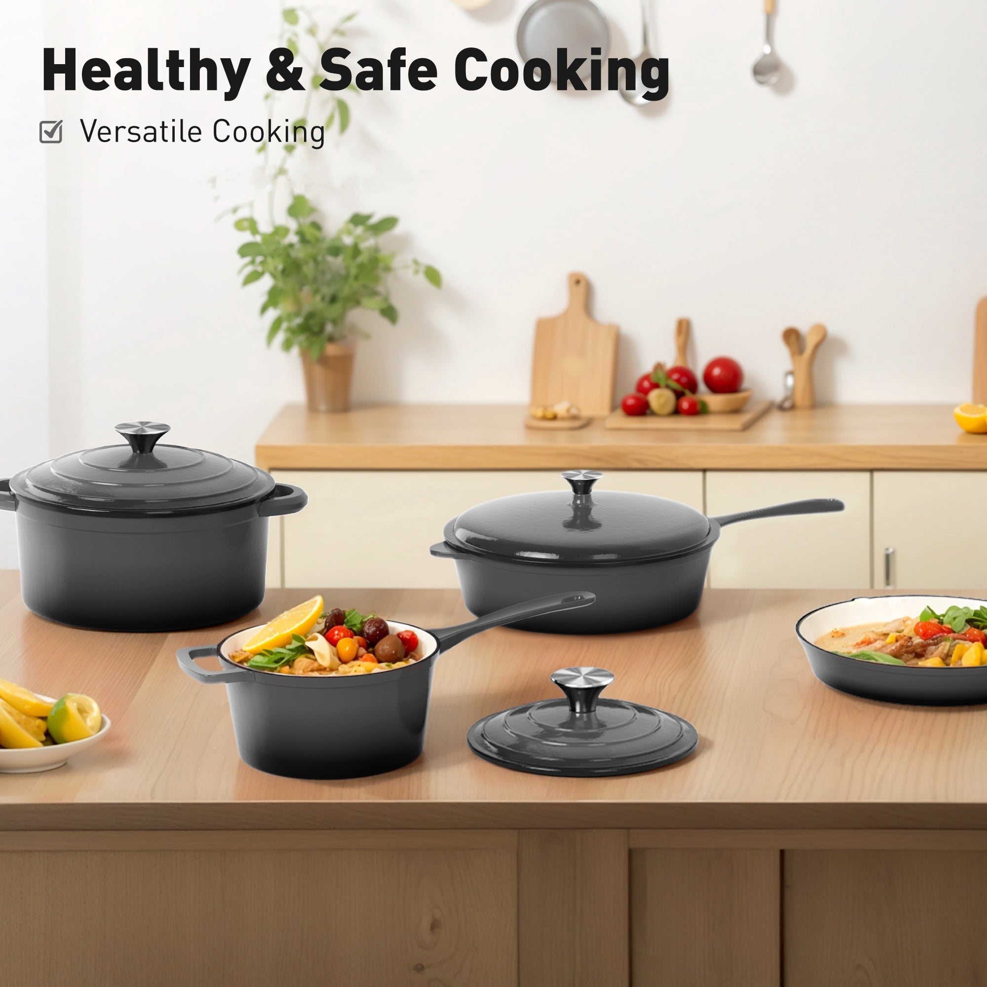 Sophia & William 7 Pieces Enameled Cast Iron Nonstick Cookware Set, Grey Blue