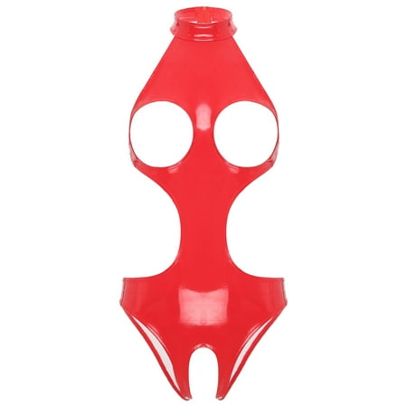 YONGHS Women s Wet Look Cutout Bodysuit Lingerie Teddies PU Leather Open Breast Bodysuit Nightwear Red L