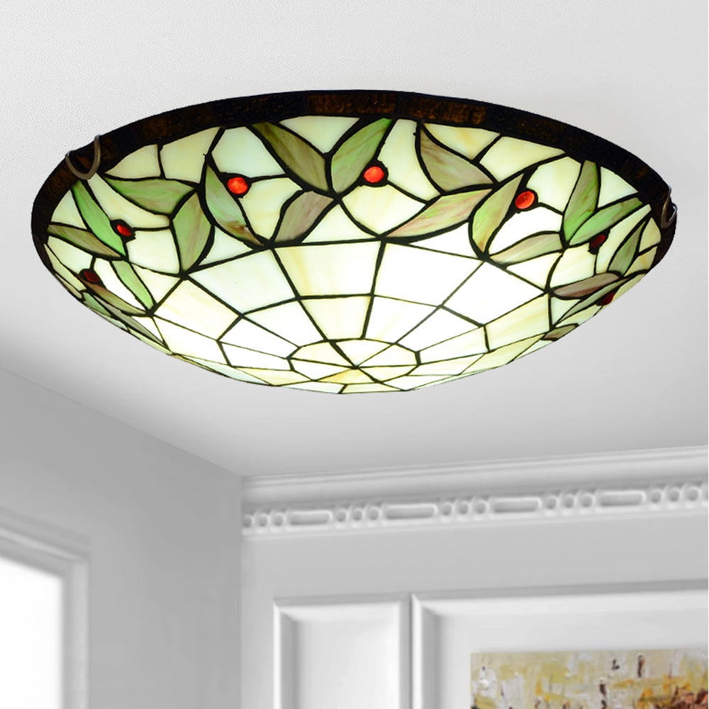 Litfad Vintage Tiffany 3 Light Flush Mount Ceiling Lighting 16" Stained Glass Shade Ceiling Lamp Fixture in Green