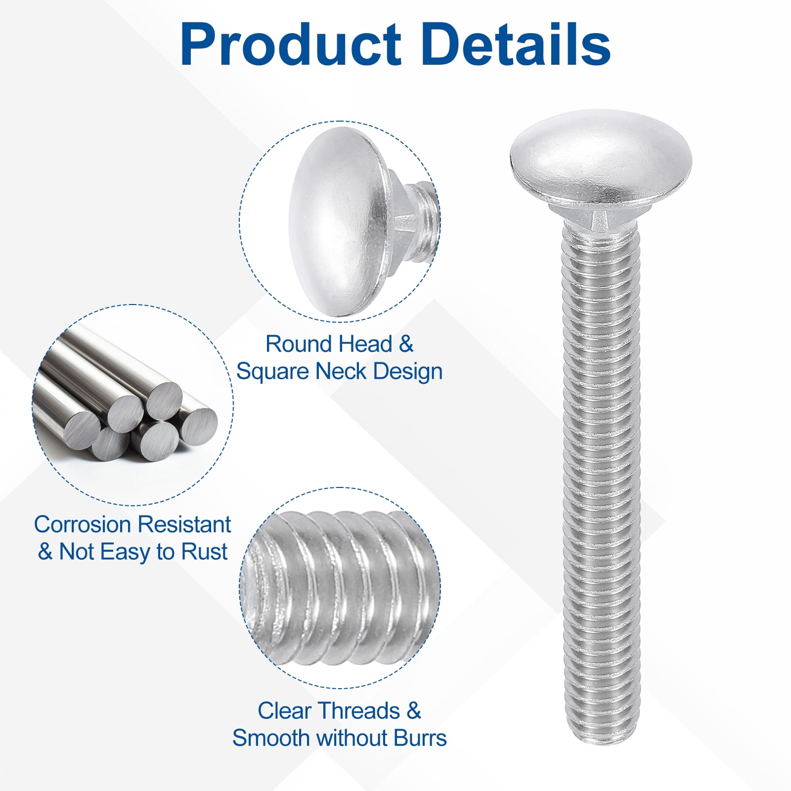 Uxcell 25Pack 5/16"-18x4" Stainless Steel Carriage Bolts Round Head Square Neck, Silver