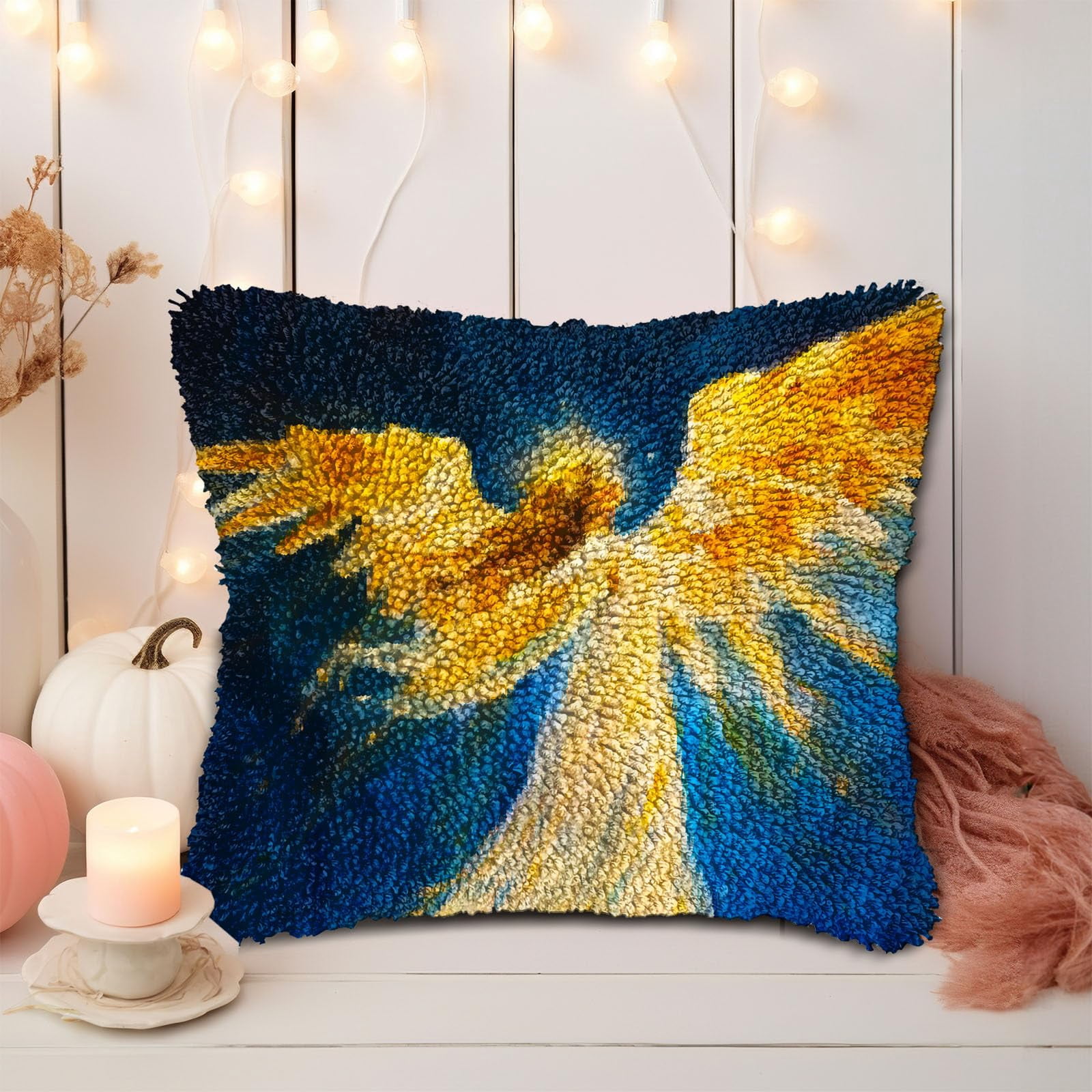 Abstract Angel Glitter Wing DIY Latch Hook Pillow Kits for Adults Printed Pillowcase Crochet Yarns Hooking Handmade Pillow Cover Cushion for Home Sofa Decoration 17x17inch(1)
