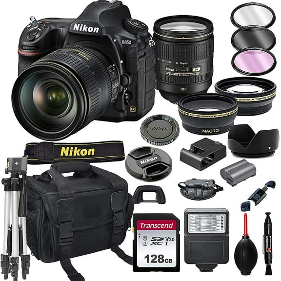 Nikon D850 DSLR Camera with 24-120mm VR Lens Bundle   128GB Card, Tripod, Flash, and More 20pc Bundle