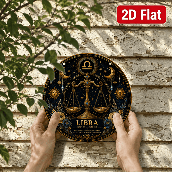 2D Flat, Libra Zodiac Round Wall Art, Vintage Astrology Metal Sign Decor, Celestial Horoscope Plaque with Gold Black Boho Design for Bedroom Living Room Office Home Decor
