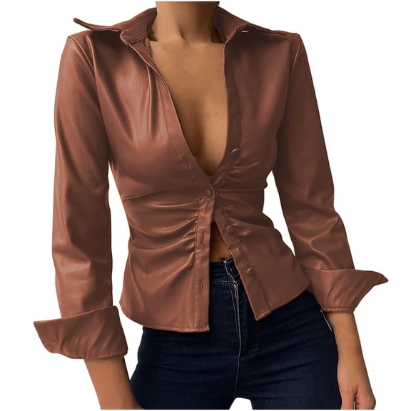 Odeerbi Shirts for Women Tops Blouses Classic Solid Color Blouse Slim Buttons Lapel Long Sleeve Tunic Black