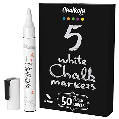 White Chalk Markers - White Dry Erase Chalk Pens for Blackboards, Chalkboard Signs, Windows, Glass, Bistro | 6mm Reversible Tip (5 Pack) - 50 Chalkboard Labels included