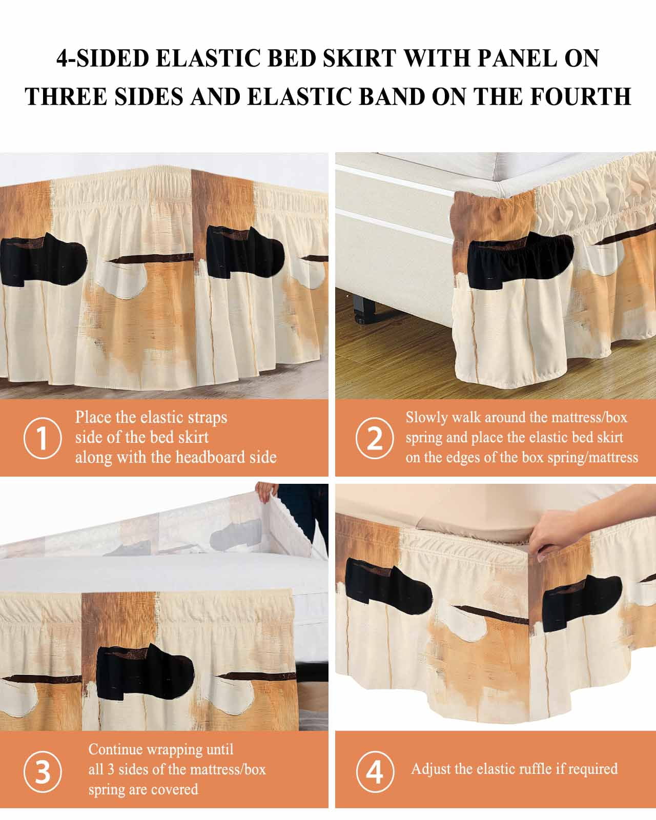 Beige Black Ruffle Bed Skirt California King Size Abstract Art Mottled Graffiti Color Block Modern Adjustable Elastic Dust Bed Skirts Wrap Around Bedskirt Wrinkle Free Easy Fit with 18 Inch Drop