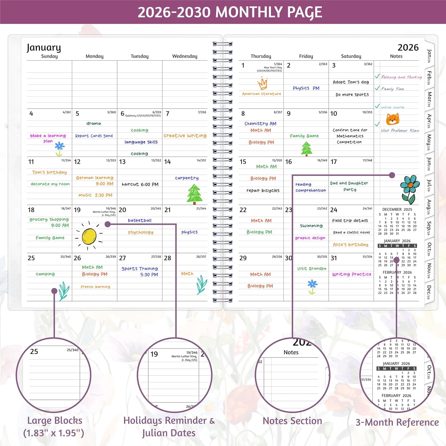 Monthly Planner 2026-2030, 5-Year Calendar, Jan 2026-Dec 2030, 8.5 x 11 In, Ruled Spreads, Flexible Cover, Spiral Wirebound, Pocket, 60 Monthly Tabs, Watercolor