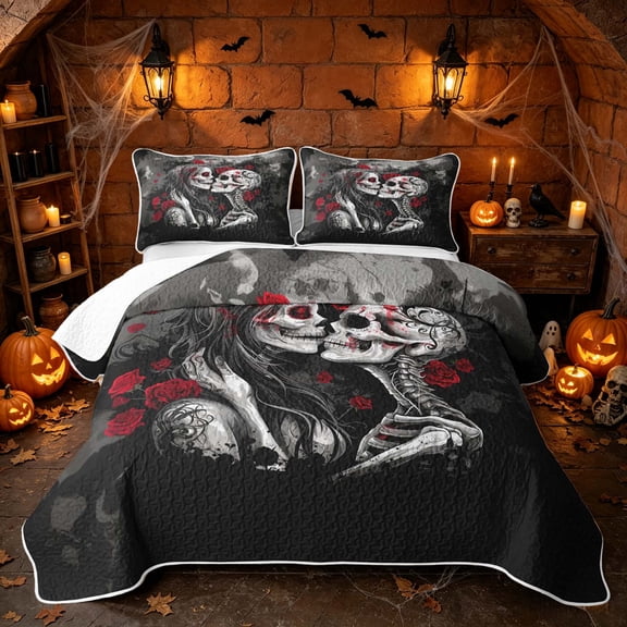 Erosebridal Spooky Couple Skeleton Twin Quilt Set, Halloween Red Rose Twin Coverlet Set for Boys Girls, Black Red Gray, 2-Piece 1 Bedspread and 1 Pillowcase