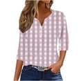 thumbnail image 2 of Ladies' Loose Fit Casual Checkered V Neck 3/4 Sleeve Quarter Sleeve Shirt Blouse Top, Relaxed Fit Tunic, Breathable Cotton, Spring Summer Fashion | CSEONE,Pink XL, 2 of 7