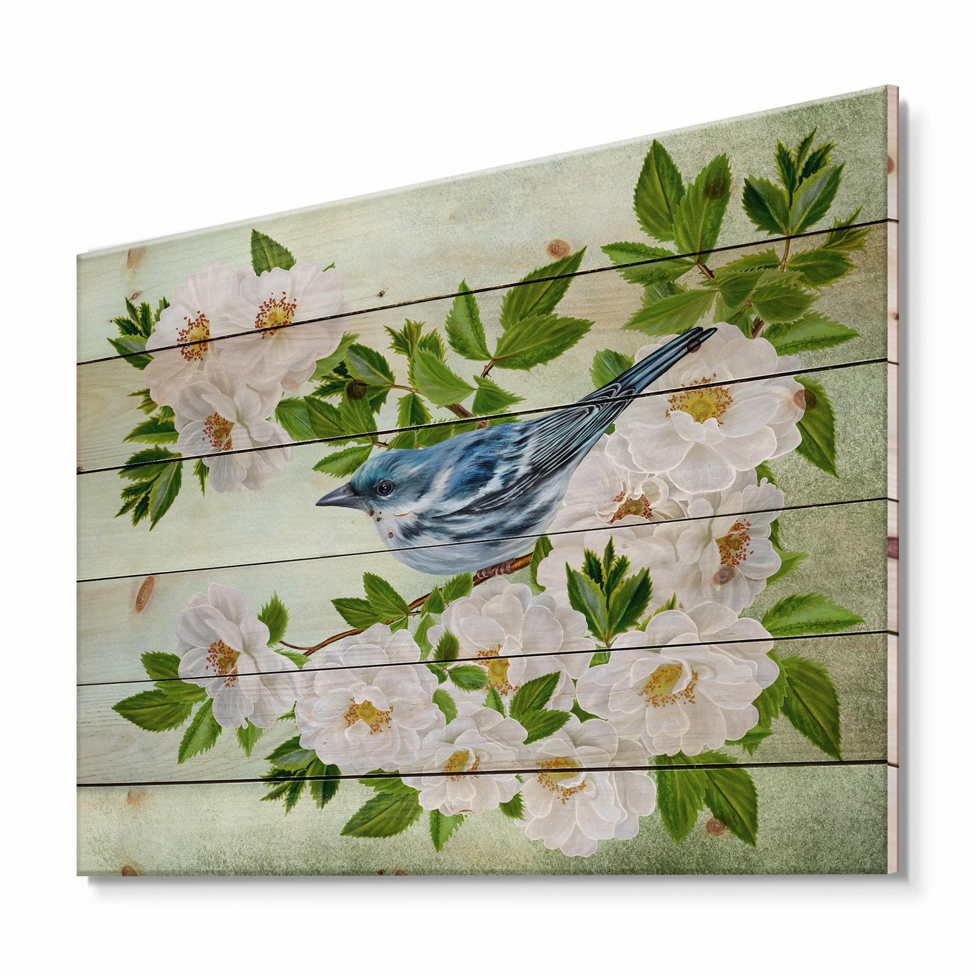Designart 'Little Blue Bird Sitting On A Branch of White Rose Plant' Traditional Print on Natural Pine Wood