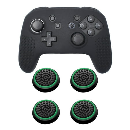 Soft Silicon Skin Nintendo Switch Pro Case Bundle Kit, by Insten Black Controller Grip Soft Silicone Skin Case + 4-pack Analog Thumbstick Cap Black/Green for Nintendo Switch Pro ()