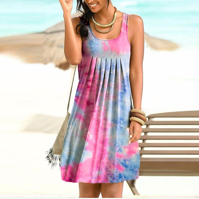 Robes Décontractées Aqestyerly Mode Femmes Imprimé Col Rond Aguichant Robe Débardeur Sans Manches Basique Midi Robe de Boîte de Nuit HWRETIE