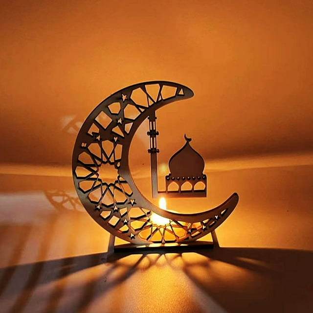 xiaxaixu Eid Crafts Night Light, Battery Operated 3D Wooden Moon Shaped LED Light Home Table Decor