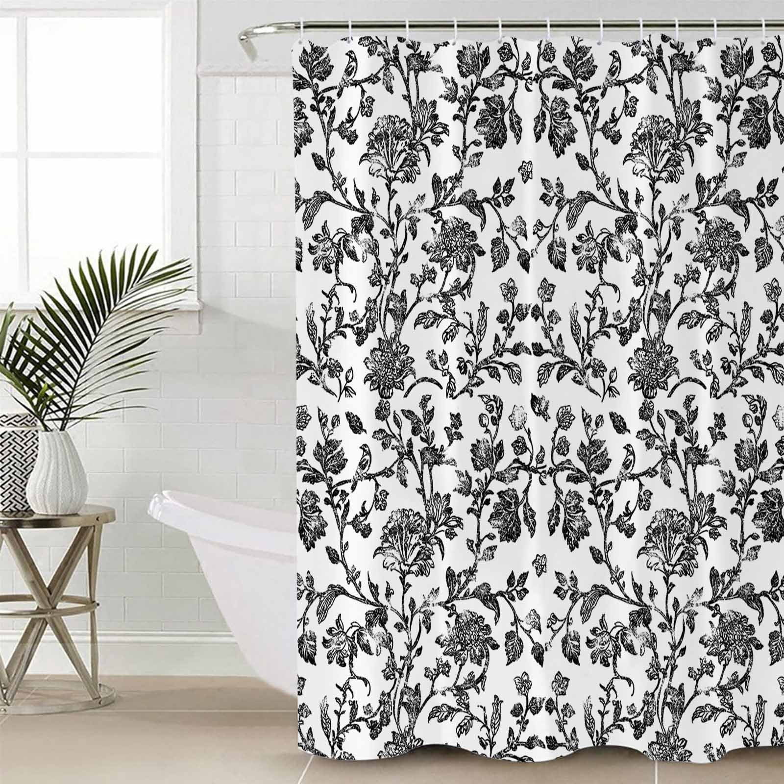 Extra Long Shower Curtain 72x96 Inch, Black Flower Shower Curtain Waterproof Bathroom Decor Vintage Farmhouse Boho Leaf Spring Plant Fabric Bath Curtain Set Accessories with Hooks