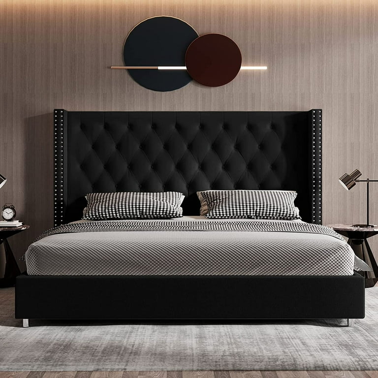 Jocisland King Bed Frame Upholstered Bed Wingback Headboard Velvet Tufted Diamond Button No Box Spring Needed Easy Assembly Black