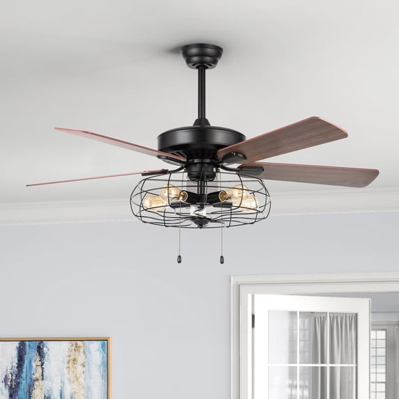 52" 5-Light Industrial Caged Ceiling Fan with 5 Reversible Blades 2 Pull Chains
