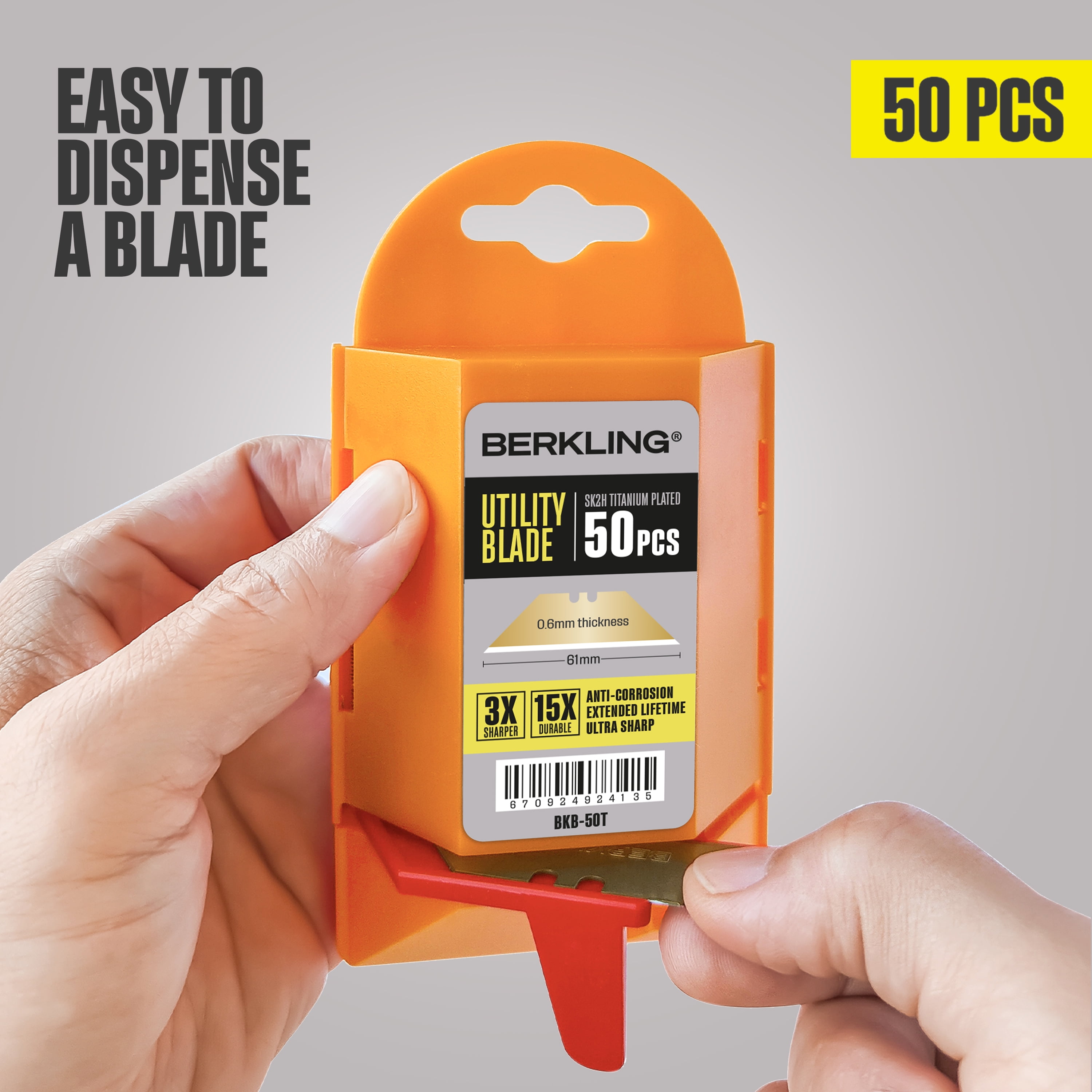 Berkling Utility Knife Replacement Blades, Titanium-Plated Carbon Steel, 50 Pack With Dispenser
