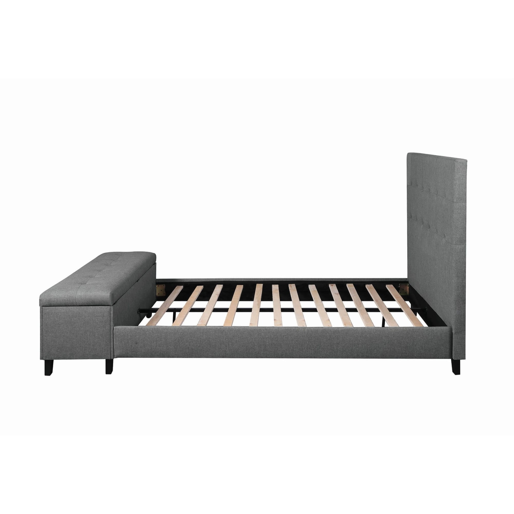 Fabric Upholstered Tufted Queen Bed with Attached Storage Bench, Gray