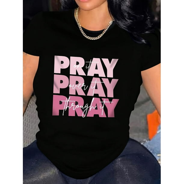 Elegante camiseta de cuello redondo con gráfico "Pray". Camiseta informal de manga corta para mujer, ideal para primavera y verano. Cómoda, de corte holgado, tela suave y versátil para uso diario. Par