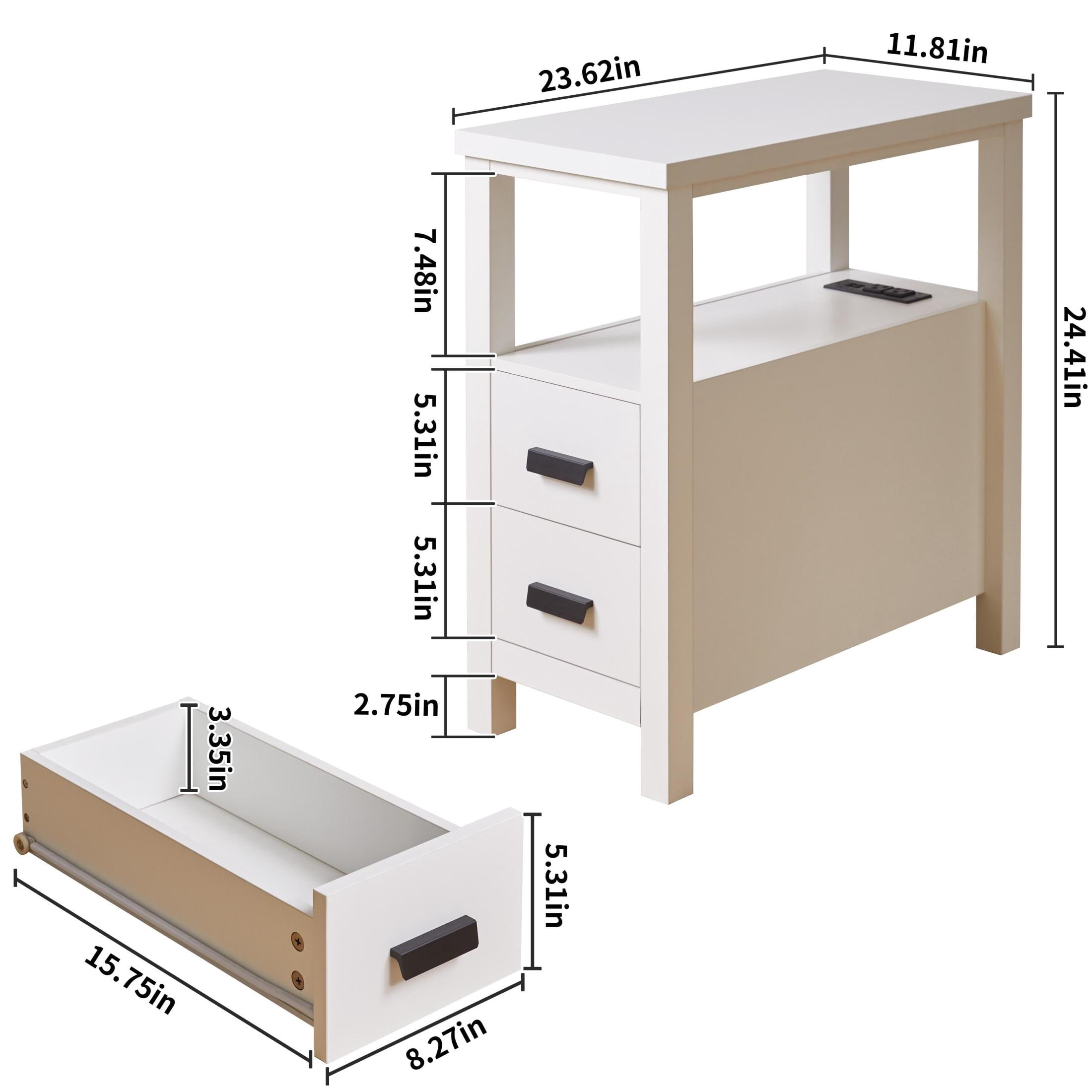 Noble House Marcus Modern End Table with Built-In Charging Station & 2 Drawers, Small Wood Bedside Table, White