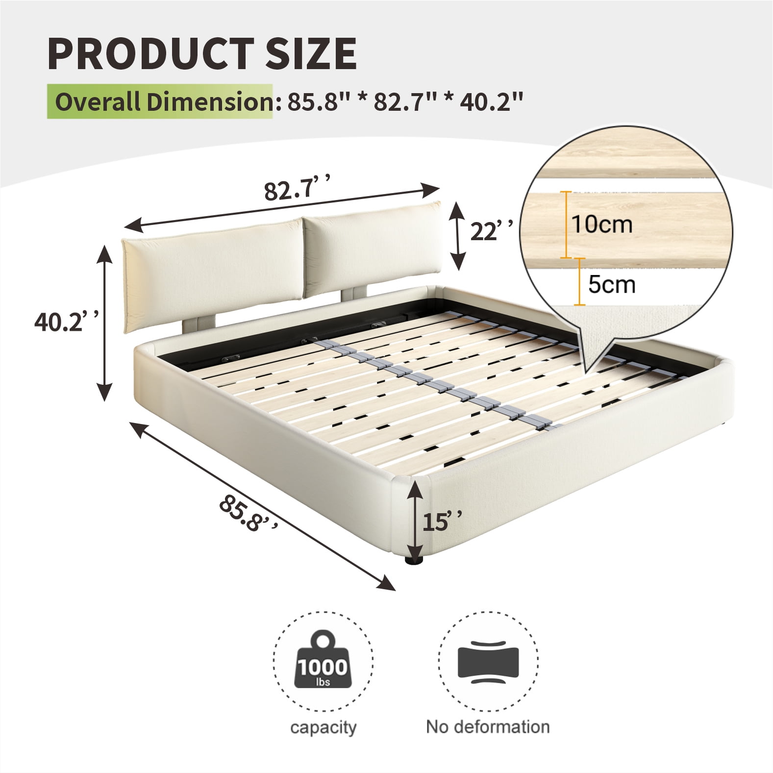 King Size Chenille Cloud Bed Frame - Oversized Padded Movable Headboard, Round Corner Design with Metal & Solid Wood Slat Support, No Box Spring Needed,Beige/White
