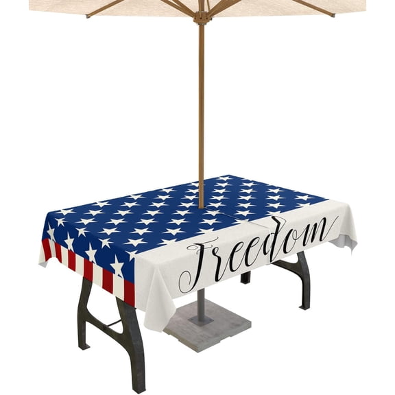 4th of July Tablecloth with Umbrella Hole and Zipper Patriotic Freedom Stars Outdoor Tablecloths 60x102 Table Cloths Red White and Blue Stripes Patio Table Cloth Cover for Independence Day Garden