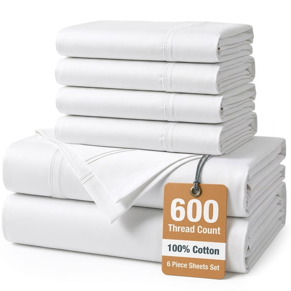 Casa Platino Queen Bed Sheets Set – 6 Piece, 600 Thread Count, 100% Cotton Sheets, Hotel Luxury Sateen Finish, 15" Deep Pocket, Easy to Wash – White