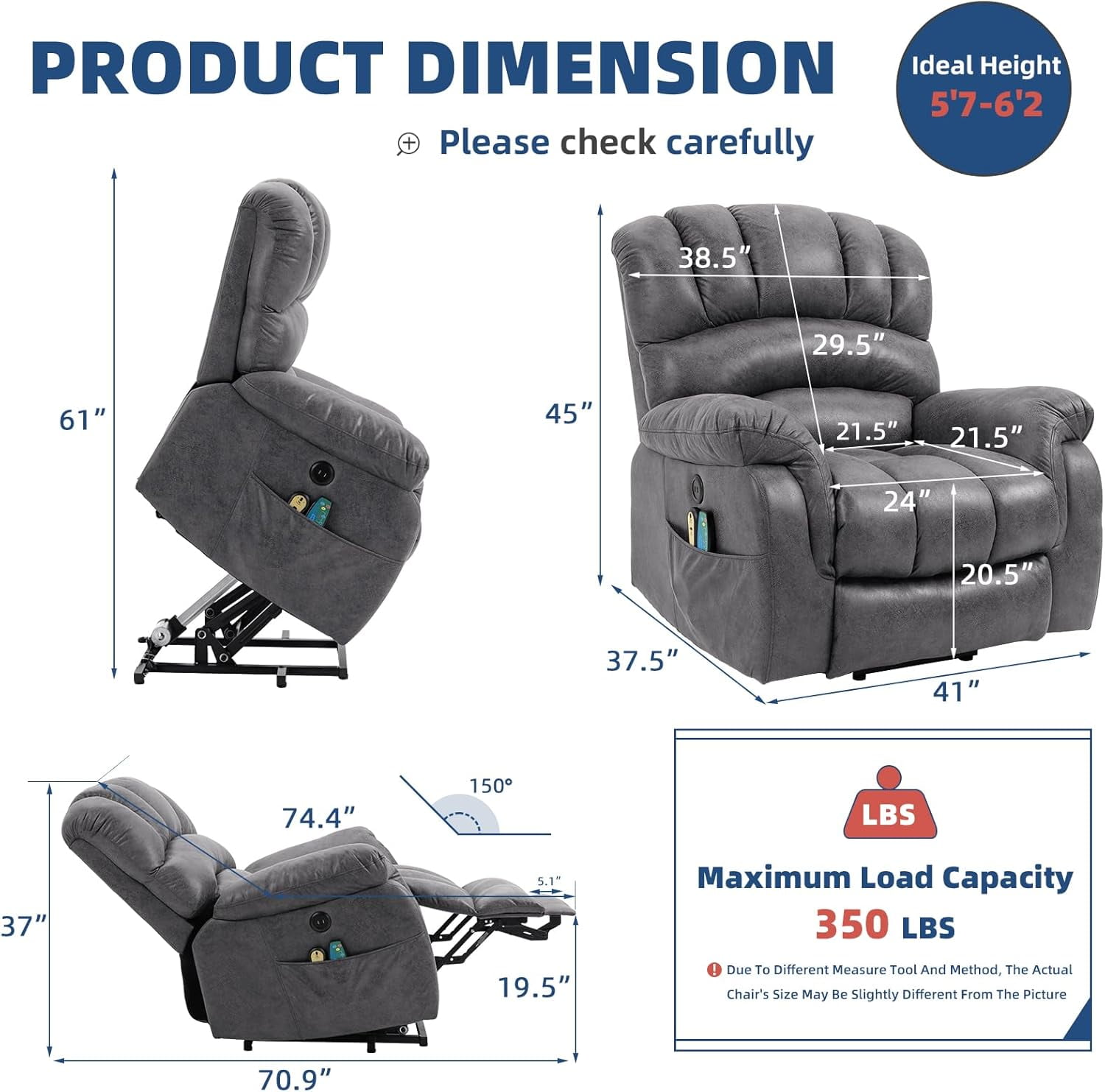 Large Electric Power Lift Recliner Chair with Extended Footrest for Elderly Tall Man, Overstuffed Heated Massage Wide Reclining Sofa with 2 Remote Controls, Side Pockets & USB Ports, Gray