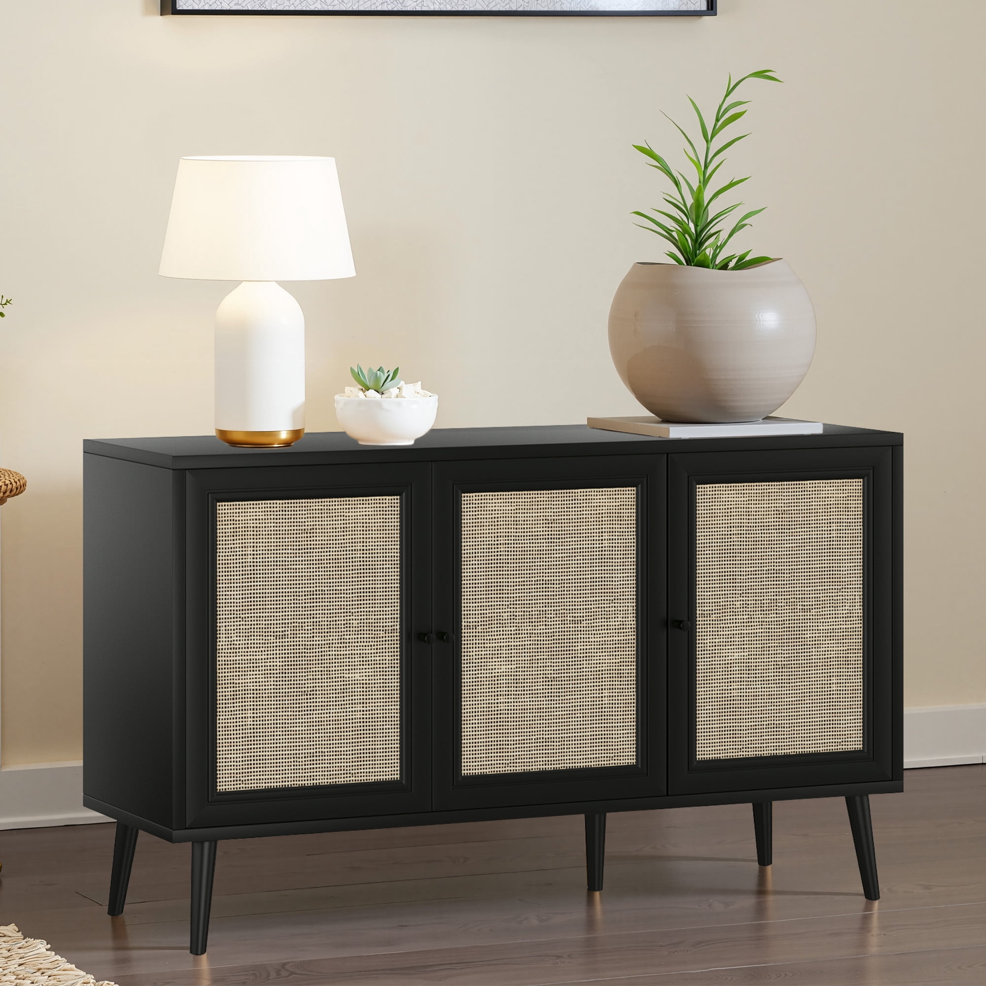 MAYEERTY Black 47*15*28"Rattan-Fronted Sideboard Cabinet with 3 Doors for Dining Room & Entryway Storage