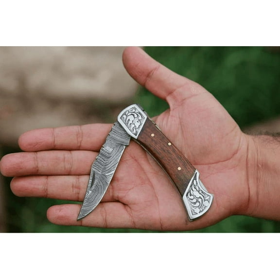 Engraved Steel Rose Wood Handle Handmade Damascus Steel Back Lock Pocket Knife For Outdoor.