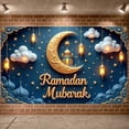 thumbnail image 3 of Golden Calligraphy Ramadan Banner Blue Night Sky Islamic Backdrop Ornate Crescent Moon Illuminated Lanterns Mosque Scene Display for Ramadan Celebration Family Gathering Religious Ceremony, 3 of 9