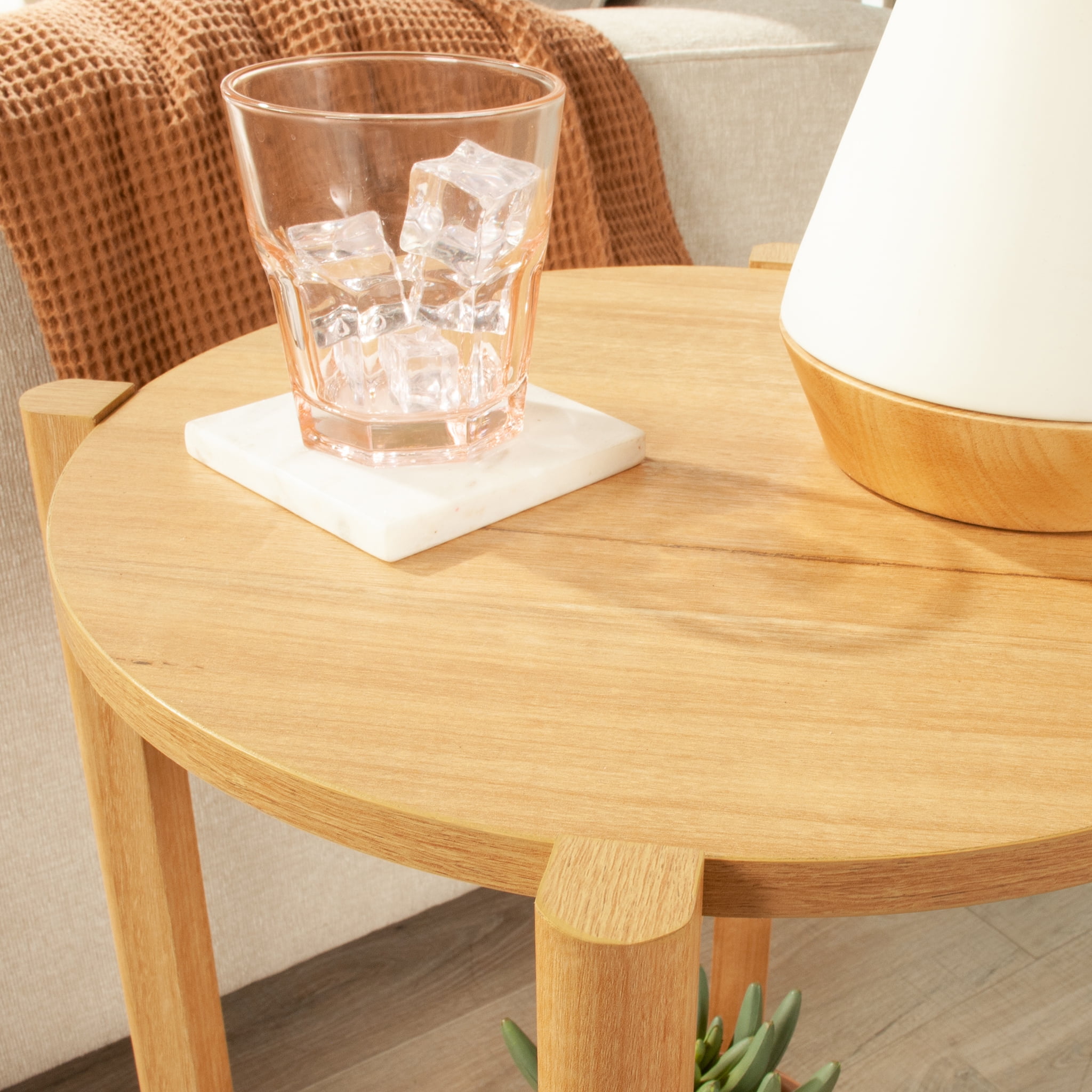 Mainstays Round Modern Dowel End Table, Natural Teak Finish