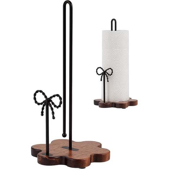 Wood Paper Towel Holder Countertop,Floral Base with Iron Bow Decor,Dual Antique Brown Rods,Stable Non-Slip,Elegant Farmhouse Style for Kitchen&Dining Room
