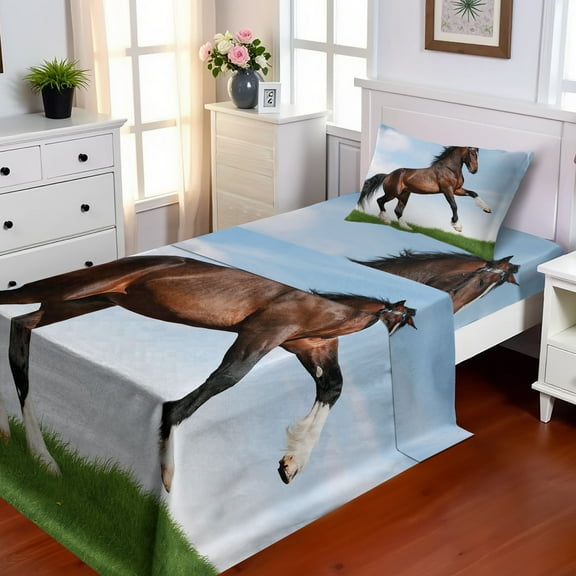 Ambesonne Nature Fitted & Top Sheet Set with Sham, Horse Pacing on Grass, Blue Green Brown