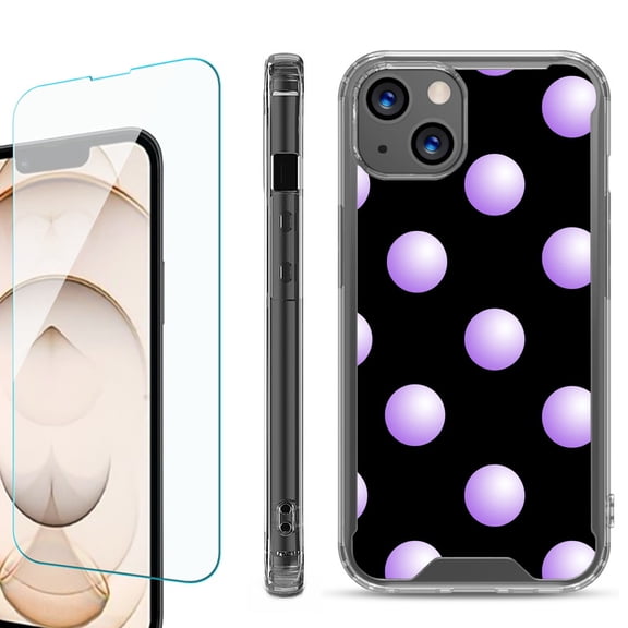 Shockproof Bumper Phone Case for iPhone 13, with Tempered Glass Screen Protector, by OneToughShield ® - Polka Dot / Purple