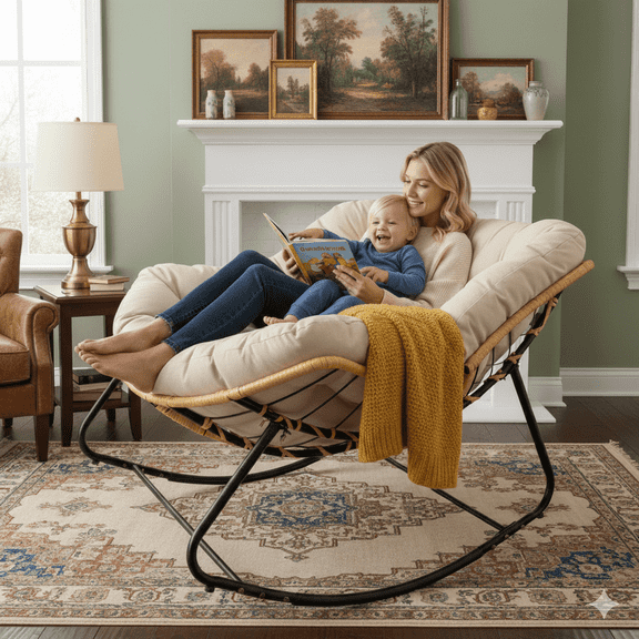 Larger Outdoor Rocking Chair, Patio Egg Rocking Chair, Indoor Papasan Chair, Rattan Wicker Lounge Chair, Modern Royal Chair for Bedroom, Living Room, Porch, Garden,Beige