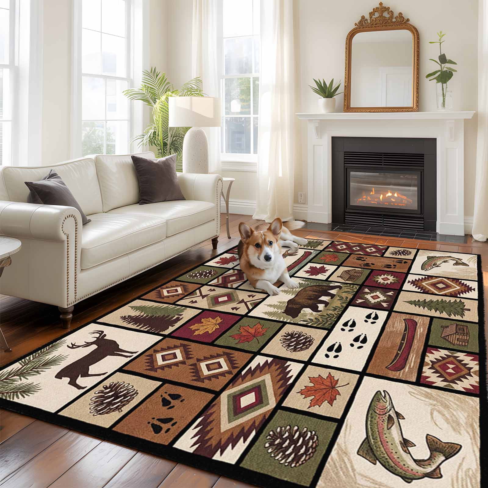 Country Patch Plaid Area Rugs 8'x10', Washable Small Throw Rugs for Living Room Patio, Brown Farmhouse Retro Bear Deer Cabin Indoor Outdoor Rug Non-Slip Low Pile Carpet Runner Reversible Floor Mats