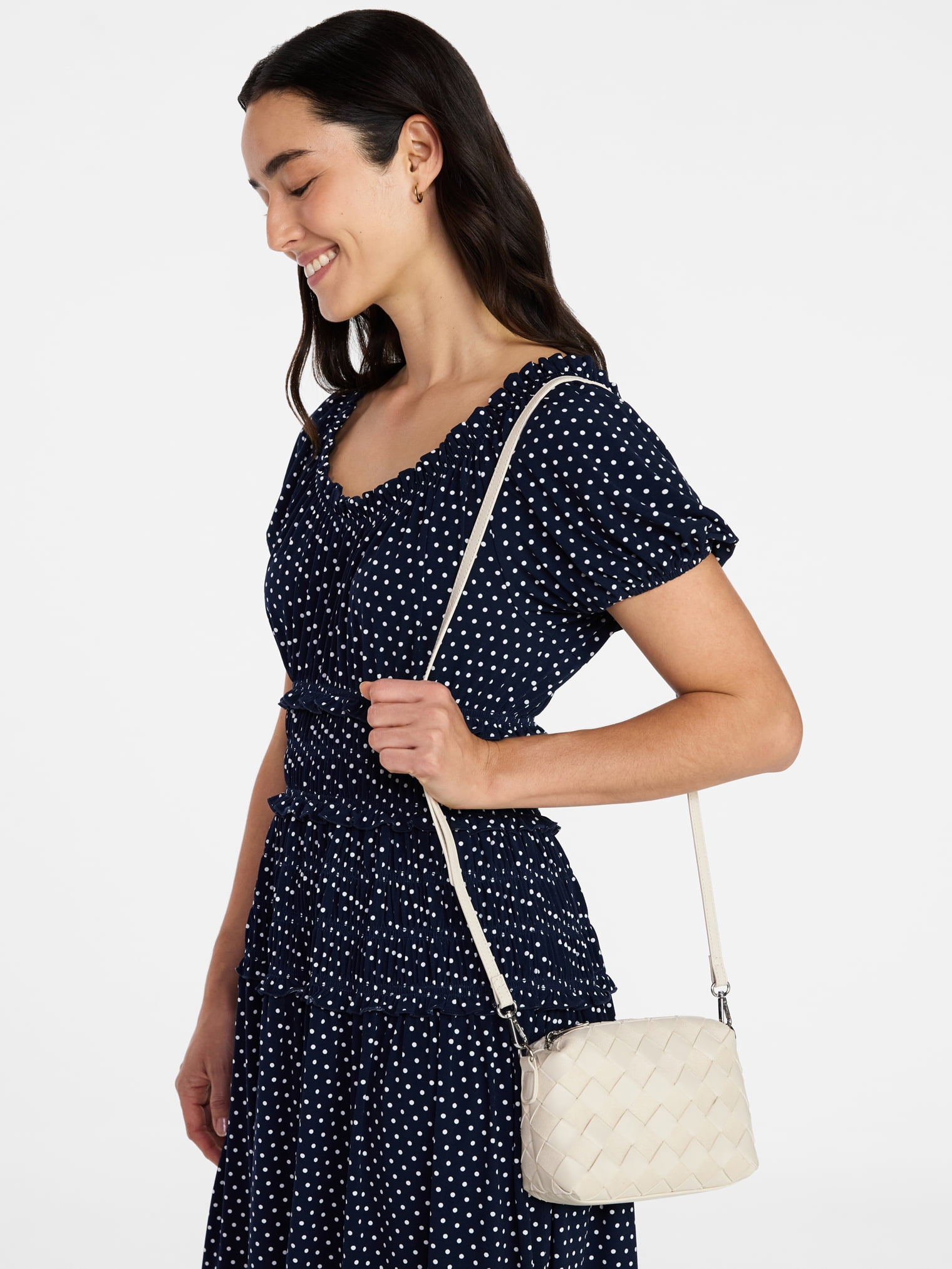 Time and Tru Women's Faux Leather and Suede Woven Camera Crossbody Bag, Beige