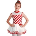thumbnail image 2 of Yruioon Kids Girl's Mock Neck Striped Dance Dress Leotard Cutout Back Christmas Costume Performance Red 14, 2 of 7