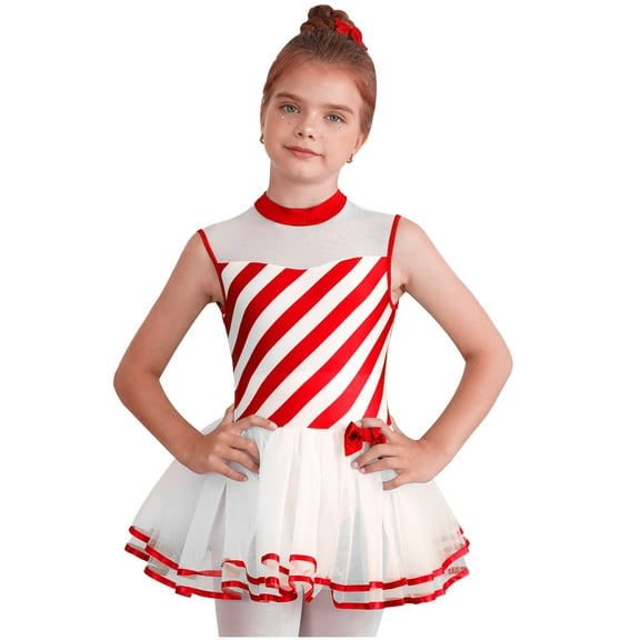 CHICTRY Kids Girls Striped Candy Cane Leotard Dress Tiered Tulle Skirt Jumpsuit Figure Skating Costume Red 10