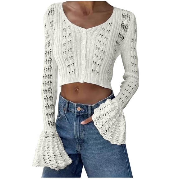 XPMWRP Women's Solid Color Crochet Cardigan Sweater Long Sleeve Button Hollow Out Lightweight V Neck Cropped Knit Cardigan White L