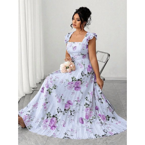Mauve Purple Plus Size Vintage French Floral Print Flounce Sleeve Square Neck Pleated Maxi Dress For Vacation & Date