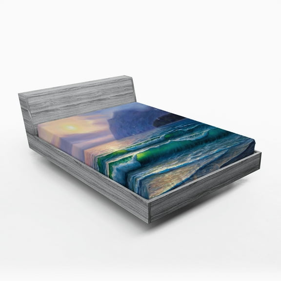 Ambesonne Nature Fitted Sheet, Ocean Morning Mountain, Queen Size, Lilac Teal